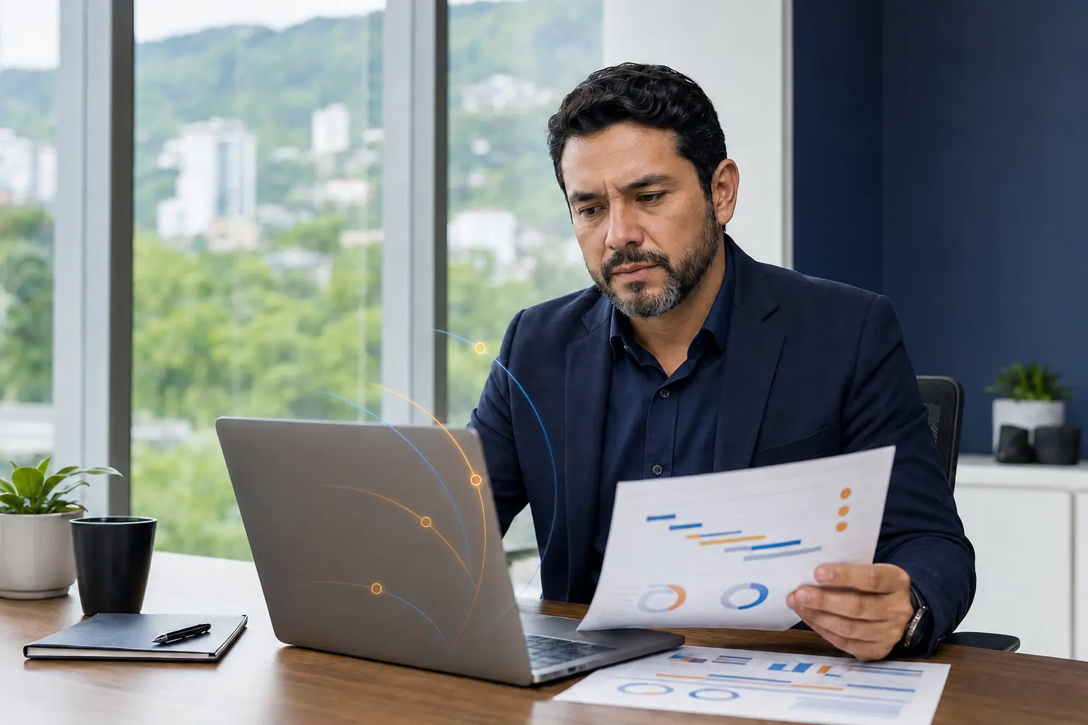 Gerente revisando el estado de un proyecto crítico